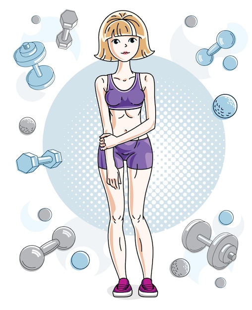 Vector young beautiful blonde athletic woman posing on simple background with dumbbells and barbells. vector illustration of attractive female.  active and healthy lifestyle theme cartoon.