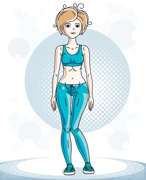 Young beautiful blonde athletic woman posing. Vector illustration of attractive female wearing leggings and short shirt.  Active and healthy lifestyle theme cartoon.