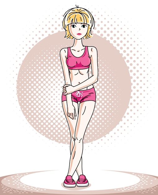 벡터 젊은 아름 다운 금발 운동 여자 포즈. 분홍색 반바지와 짧은 셔츠를 입은 매력적인 여성의 벡터 삽화. 활동적이고 건강한 라이프 스타일 테마 만화.