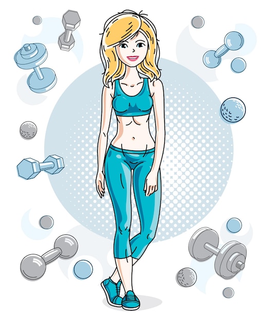 Vector young beautiful blonde slim woman adult standing on simple background with dumbbells and barbells. vector illustration of nice lady. work out and training theme.