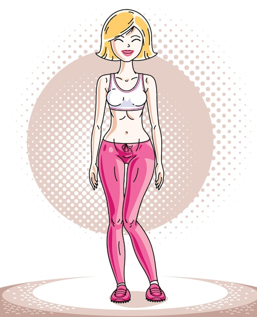 Young beautiful blonde slim woman adult standing. Vector illustration of nice lady wearing pink leggings and short shirt. Work out and training theme.