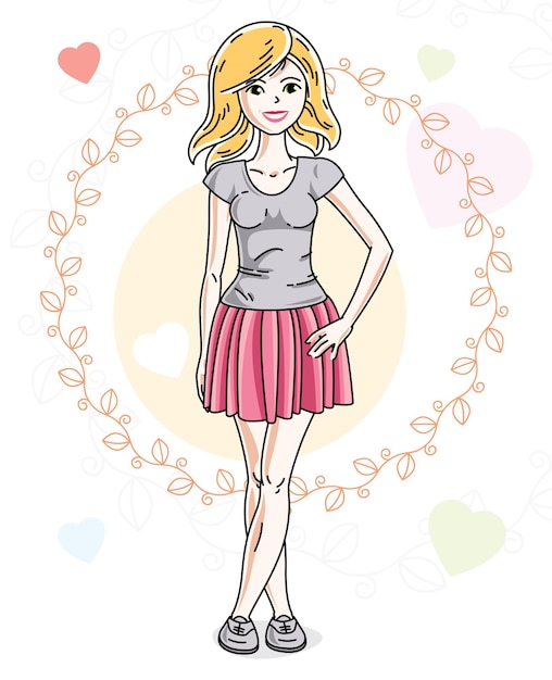 Young beautiful blonde woman adult standing on colorful background with Valentine hearts in modern casual clothes. Vector nice lady illustration.