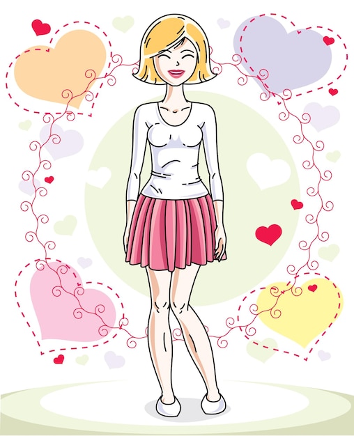 Vector young beautiful blonde woman posing on bright background with loving hearts and wearing casual clothes. vector attractive female illustration. valentine day theme cartoon.