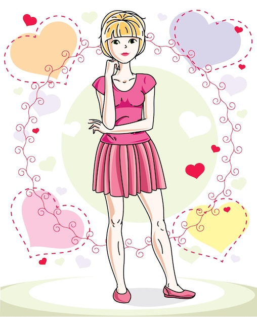 Young beautiful blonde woman standing on colorful backdrop with romantic hearts and wearing casual clothes. Vector character.