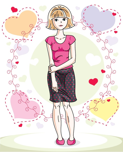 Young beautiful blonde woman standing on colorful backdrop with romantic hearts and wearing casual clothes. Vector character.