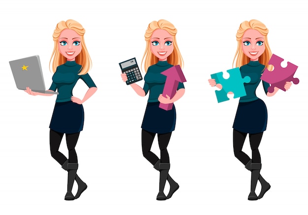 Young beautiful business woman, set of three poses