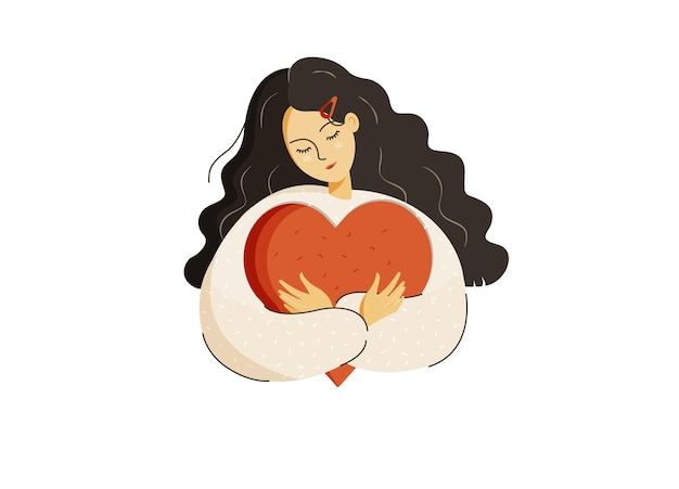 Vector young beautiful girl holding big red heart