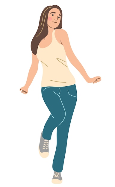 Vector a young beautiful girl is dancing alone at home in ordinary clothes full height flat vector illustration
