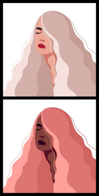 young beautiful girl with long wavy hair vector flat illustration
