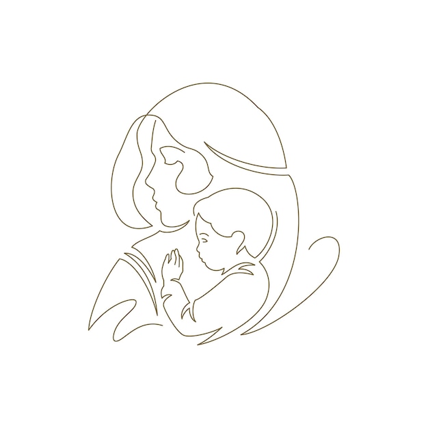 Young beautiful mother hugging little baby son with love silhouette continuous line art logo vector illustration Happy family mom and kid child embracing to each other tenderness Mother's Day icon