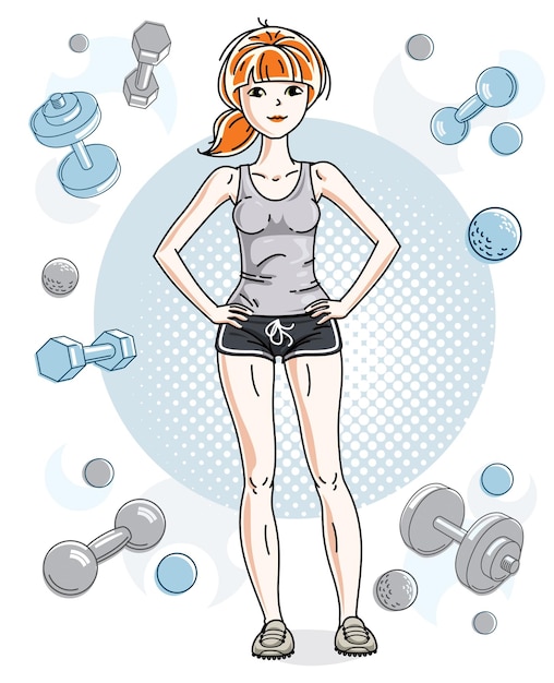 Vector young beautiful red-haired sporty woman standing on simple background with dumbbells and barbells. vector character wearing shorts and t-shirt. sport and fitness theme.