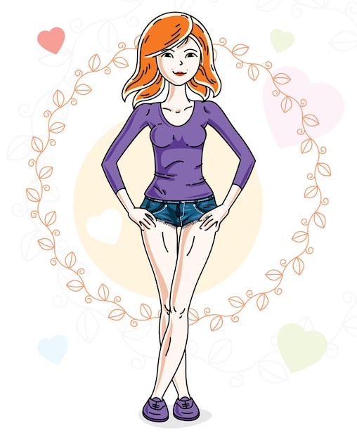 Young beautiful redhead woman posing on bright background with loving hearts and wearing casual clothes. Vector attractive female illustration. Valentine day theme cartoon.