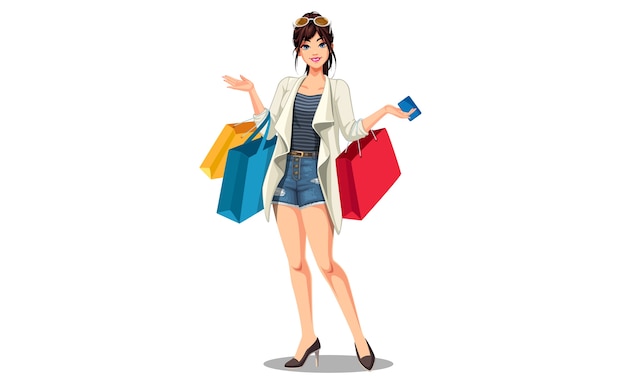 Vector young beautiful shopping woman with shopping bags