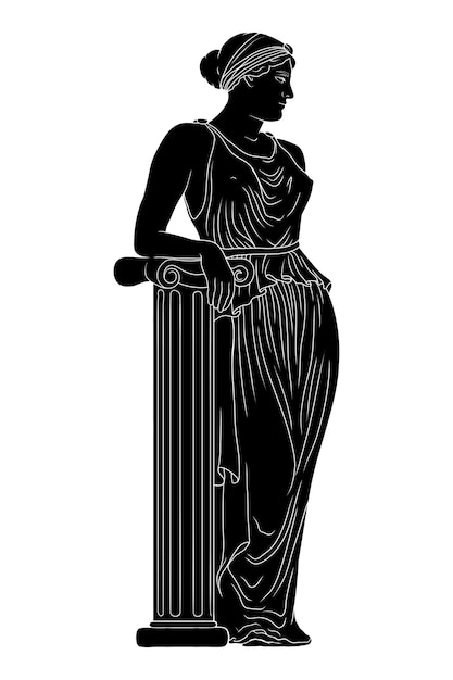 Una giovane bella donna greca antica snella in una tunica si trova vicino a una colonna di marmo e distoglie lo sguardo.
