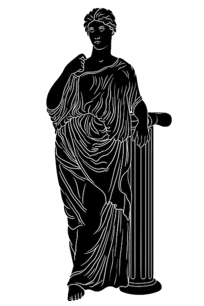 A young beautiful slender ancient greek woman in a tunic stands near a marble column and looks away.