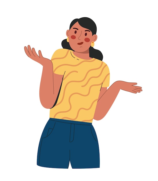 A young beautiful woman doubts what choice to make in a yellow blouse and blue trousers vector