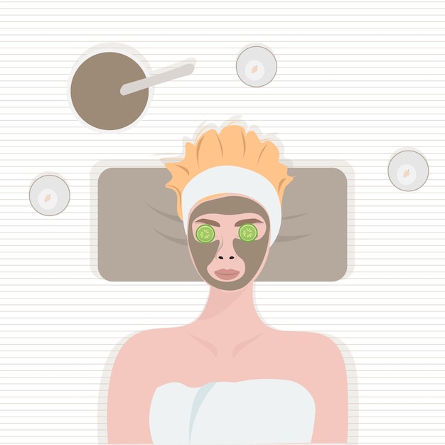 Young beautiful woman having face mask in spa salon Self care self acceptance love yourself narcissism concept Vector