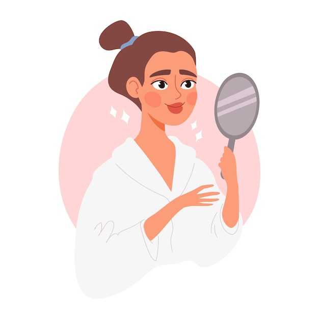 スキンケアの後鏡を見る若い美しい女性スキーケアの美しさの変容のコンセプト