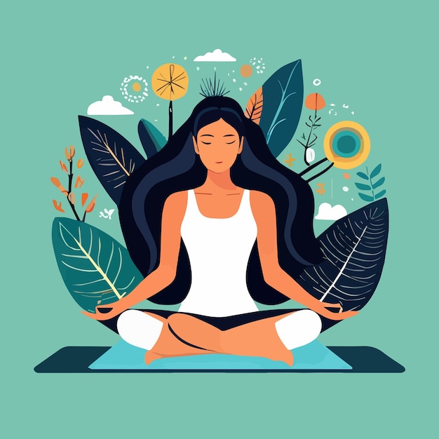 Vector young beautiful woman practicing lotus asana circle on background green leaves and colored