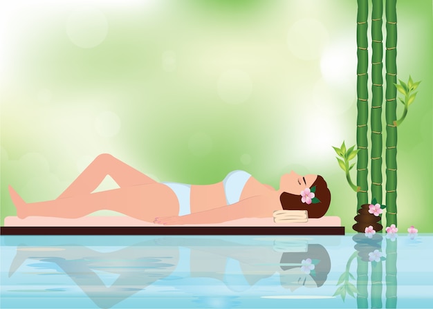 Vector young beautiful woman relaxing in spa environment with bamboo and stone