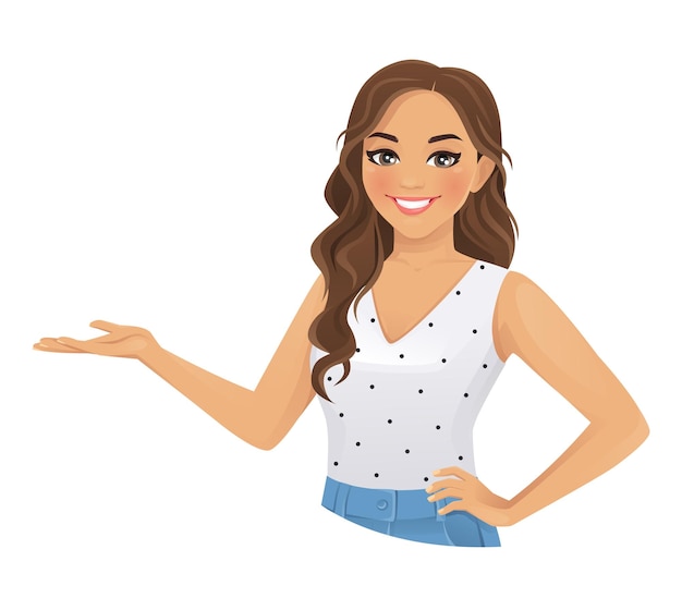 Vector young beautiful woman showing something with hand isolated vector illustration