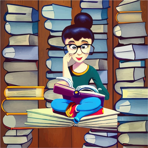 Young beautiful woman sitting with crossed legs and a set of books with reading vector illustration