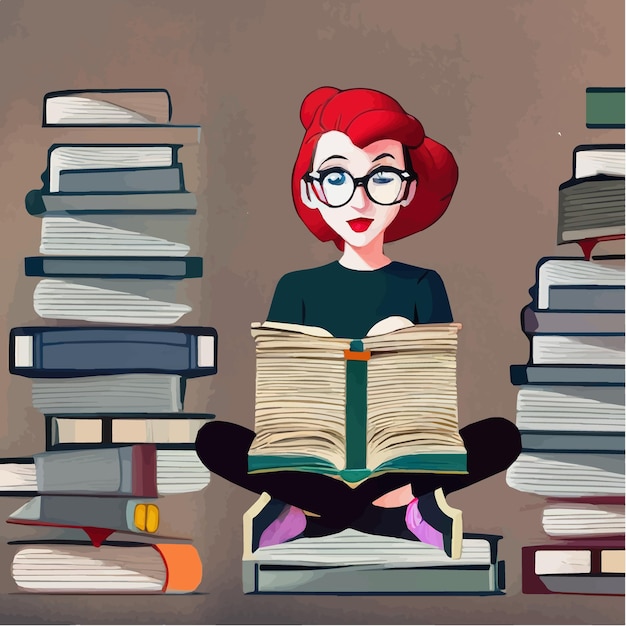 Vector young beautiful woman sitting with crossed legs and a set of books with reading vector illustration