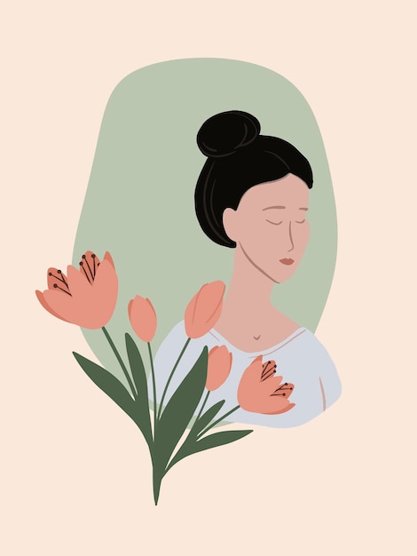 美しい若い女性 春 夏の花 フラットベクトル イラスト 女性 母の日 アジア