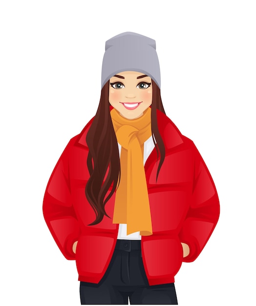 Vector young beautiful woman in winter autumn clothes isolated vector illustration