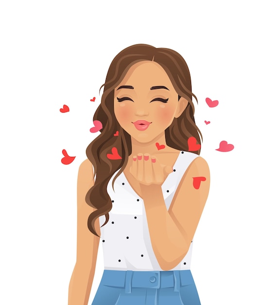 Young beautiful woman with curly hair sends air kiss vector illustration isolated