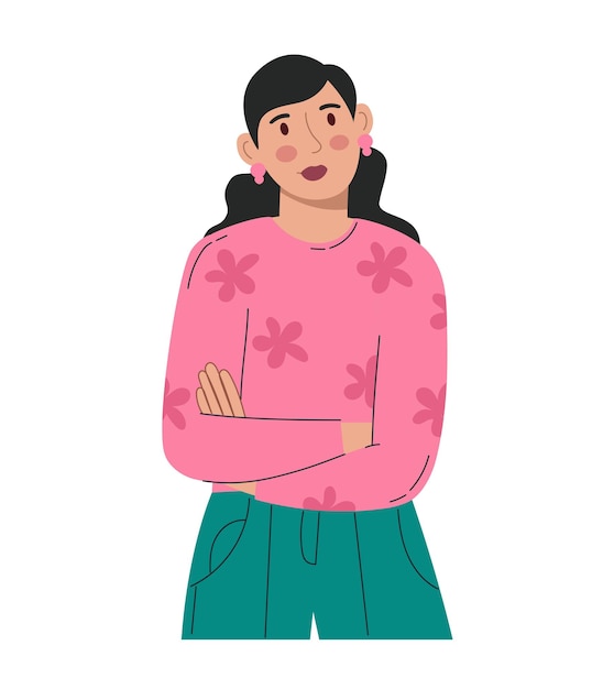 A young beautiful woman with a thoughtful face in a pink jacket and green trousers vector