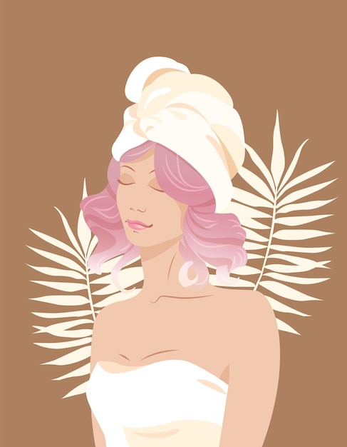 ベクトル タオルで若い美しい女性テンプレート化粧品サービスクレンジングケア肌の顔の概念