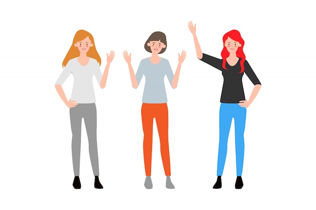 Vector young beautiful women character with happiness group hands up.