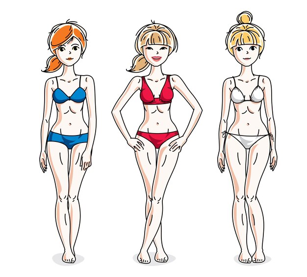 Vector young beautiful women standing wearing colorful bikini. vector diversity people illustrations set. slim female with perfect body.