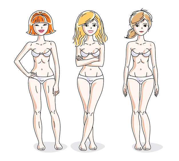 Young beautiful women standing in white underwear. Vector set of beautiful people illustrations.