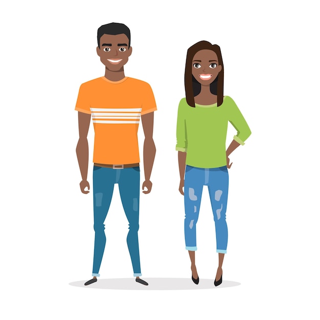 Vector young black african american people in casual clothes. cute man and girl isolated