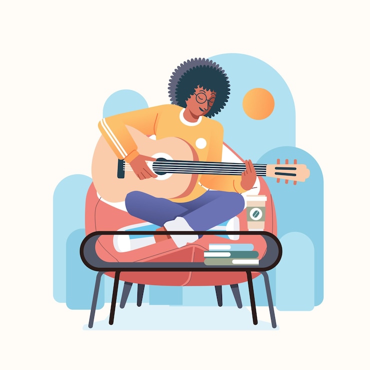 Vector young black afro man playing his guitar and singing sitting on the couch and desk with coffee