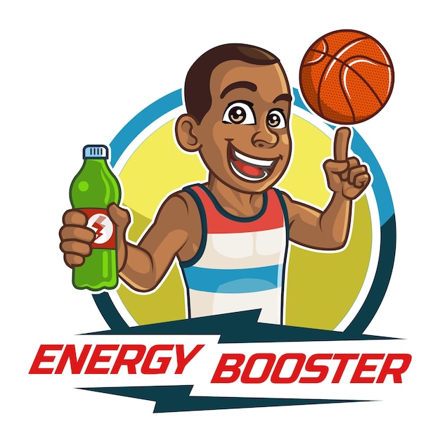 Young black basketball player boy holding bottle and ball cartoon logo