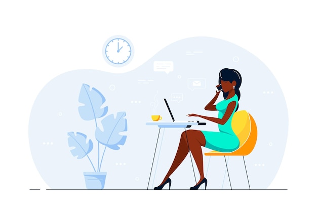 Vector young black business lady working on laptop at the desk in office. flat style illustration