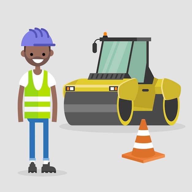 Vector young black engineer wearing hard hat and reflecting vest.