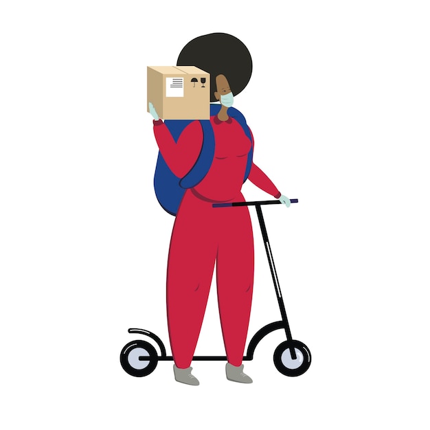 A young black female character holding a cardboard box Courier in a medical mask on a scooter with a box Delivery service courierVector illustration in flat style