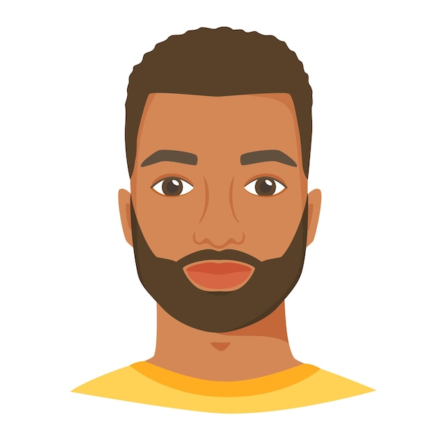 Young black man face with beard Male portrait or avatar in flat style Front view