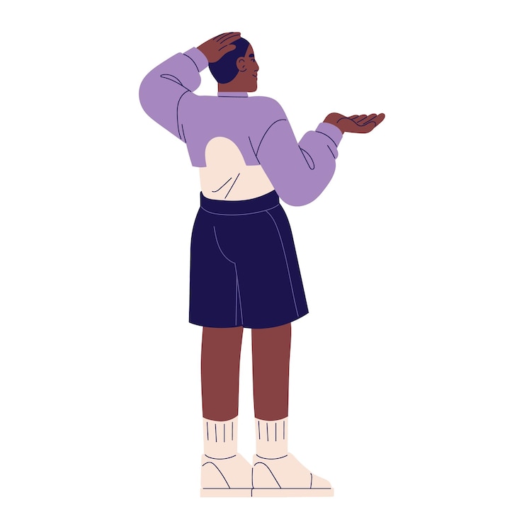 Vector young black man standing back view boy wearing clothes in sport style person in cropped sweatshirt and shorts fashionable urban male outfit flat isolated vector illustration on white background