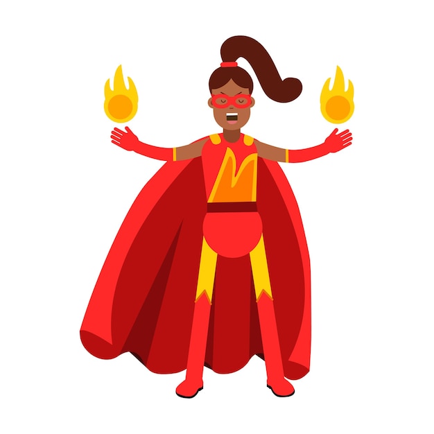 Young black woman in classic red superhero costume with fire in her hands vector illustration isolated on a white background