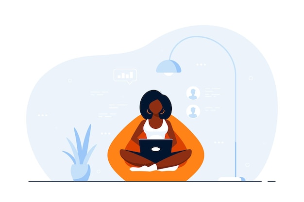 Vector young black woman at home sitting in chair bag and working on computer. remote working, home office, self isolation concept. flat style illustration.