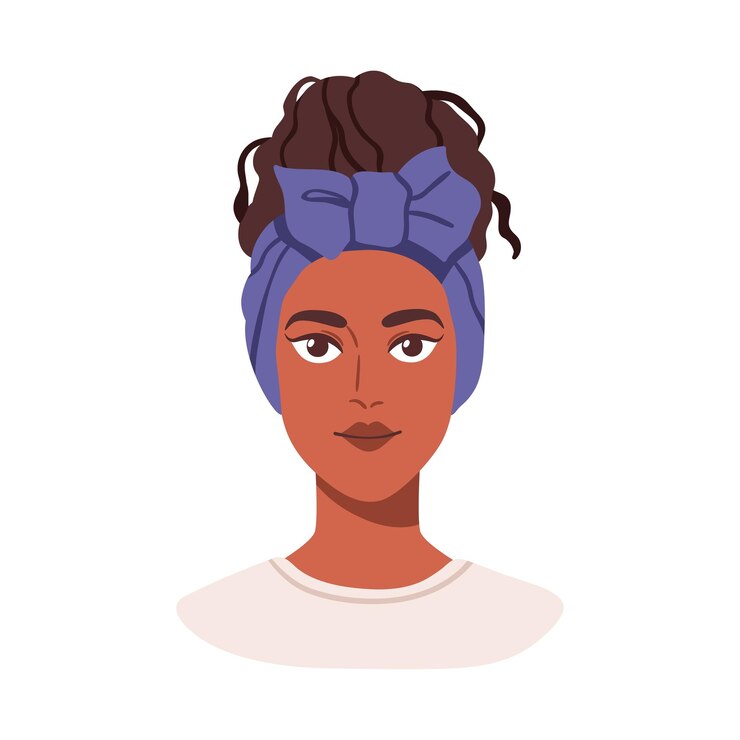 Vector young black woman portrait curly hair bun hairstyle with headband bow modern fashion female character face avatar stylish look flat graphic vector illustration isolated on white background
