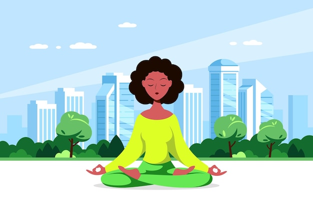 大都市と蓮華座に座っている若い黒人女性。ヨガと瞑想、レクリエーション、健康的なライフスタイルの実践。フラットスタイルのイラスト