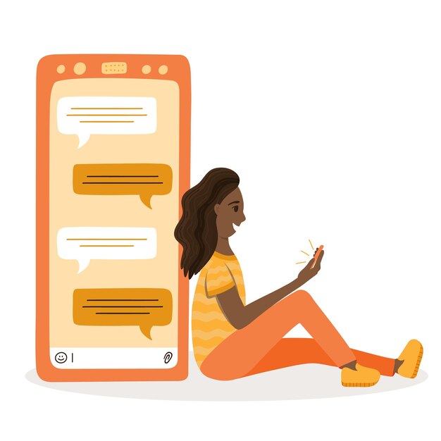 Vector young black woman sitting leaning on big phone with chat teenage girl chatting in messenger on smartphone and smiling african girl looking at the mobile and typing the message finger touch screen