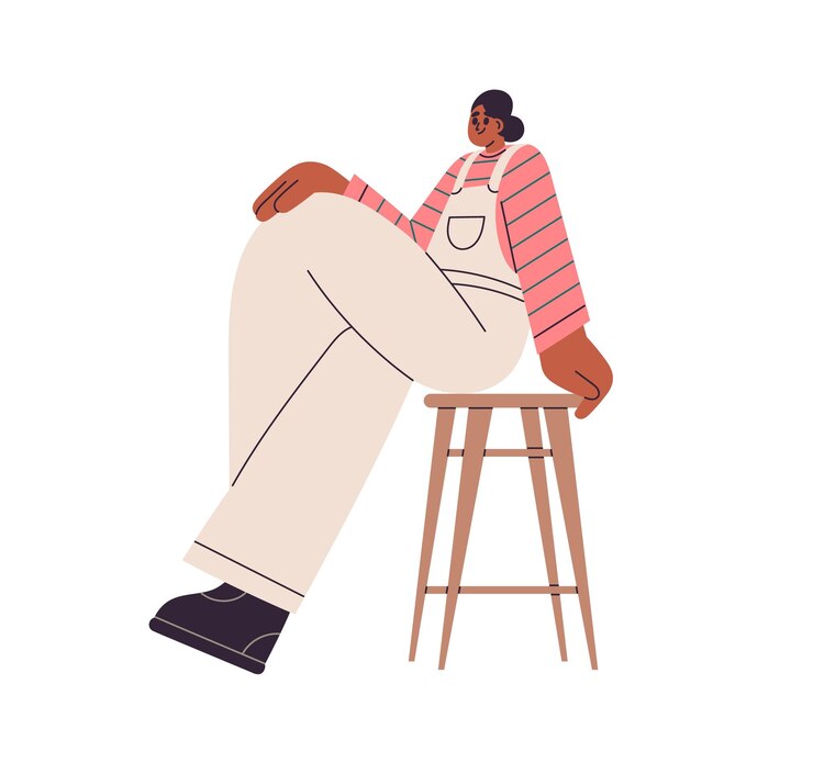 Vector young black woman sitting on stool posing for photo shoot modern female model in seated position on chair girl crossing legs leaning on hand flat vector illustration isolated on white background