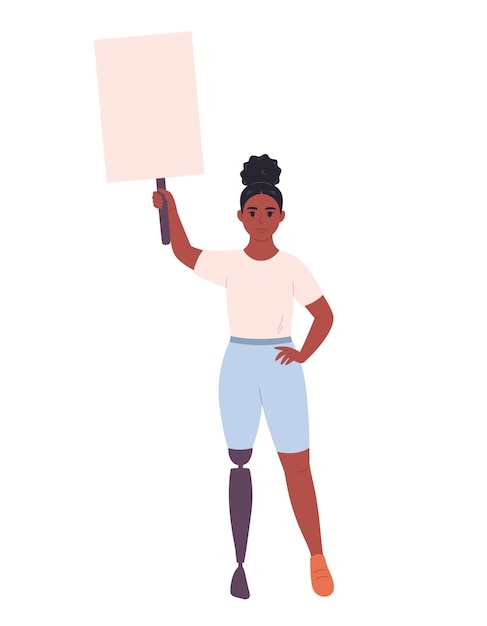 Young black woman with prosthetic leg holding clean empty banner or placard Activism rally